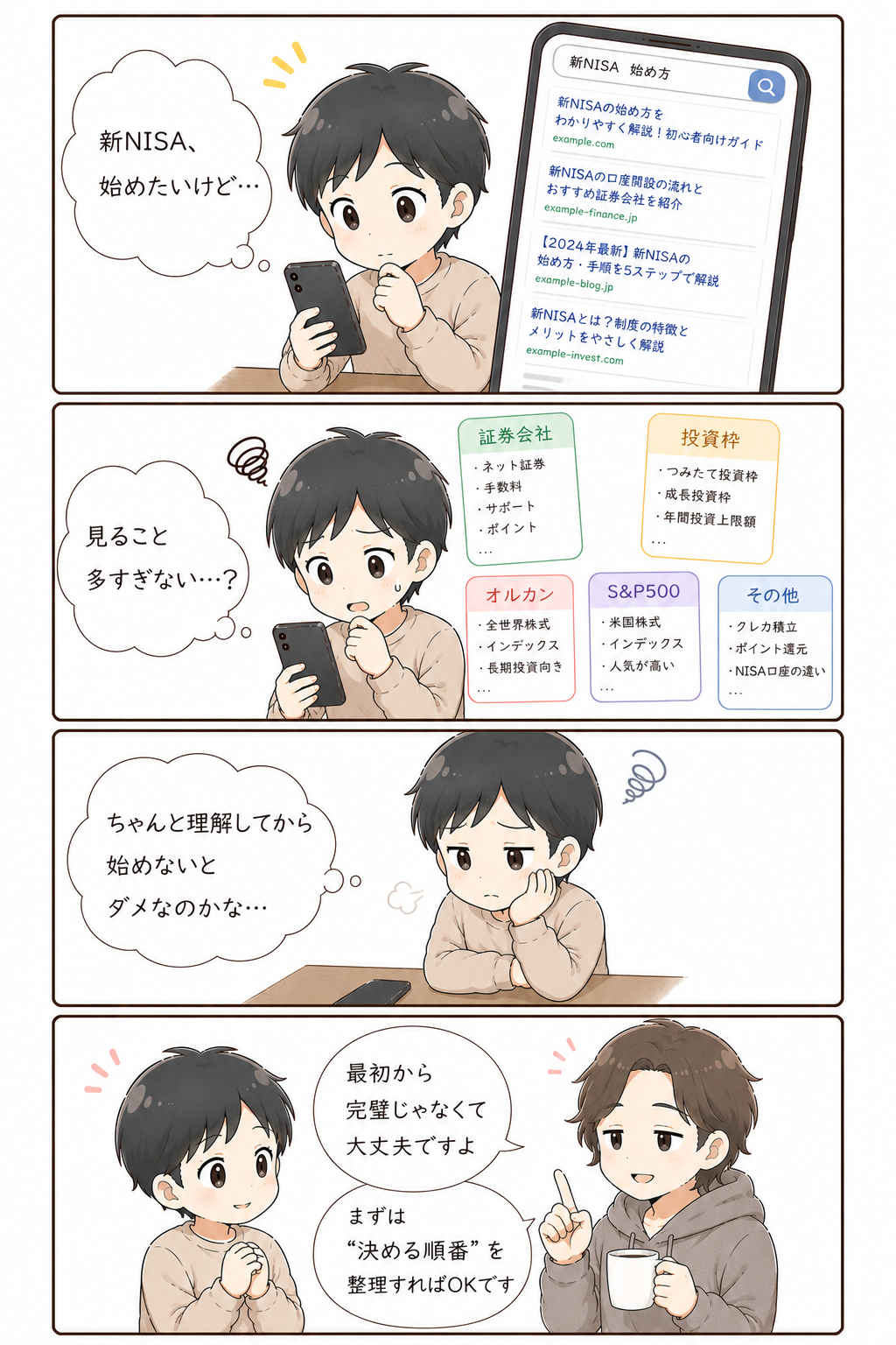 新NISAを始めたいけれど何から考えればいいか迷う初心者の4コマ漫画