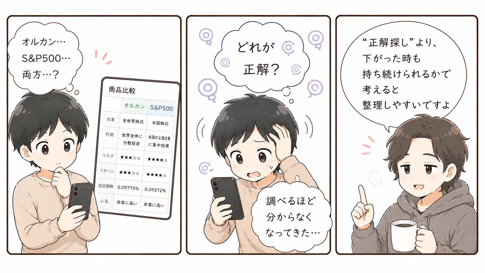 オルカンとS&P500など商品選びで迷う初心者の4コマ漫画