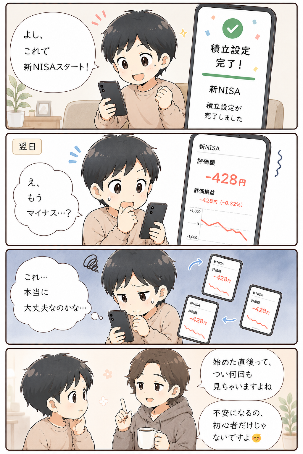 積立投資を始めたあと評価額を見て不安になる初心者の漫画