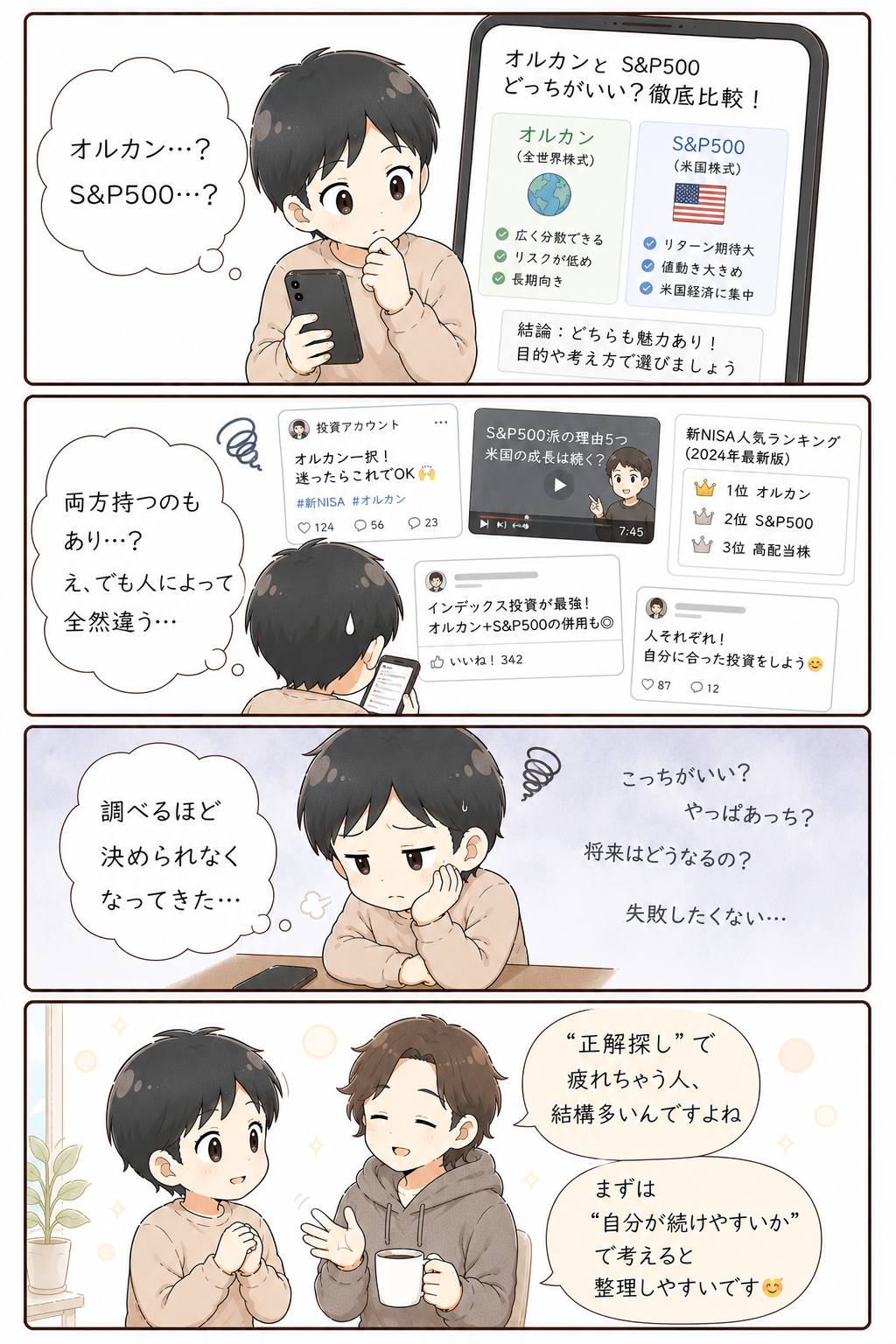 オルカンやS&P500など商品選びで迷う初心者の漫画