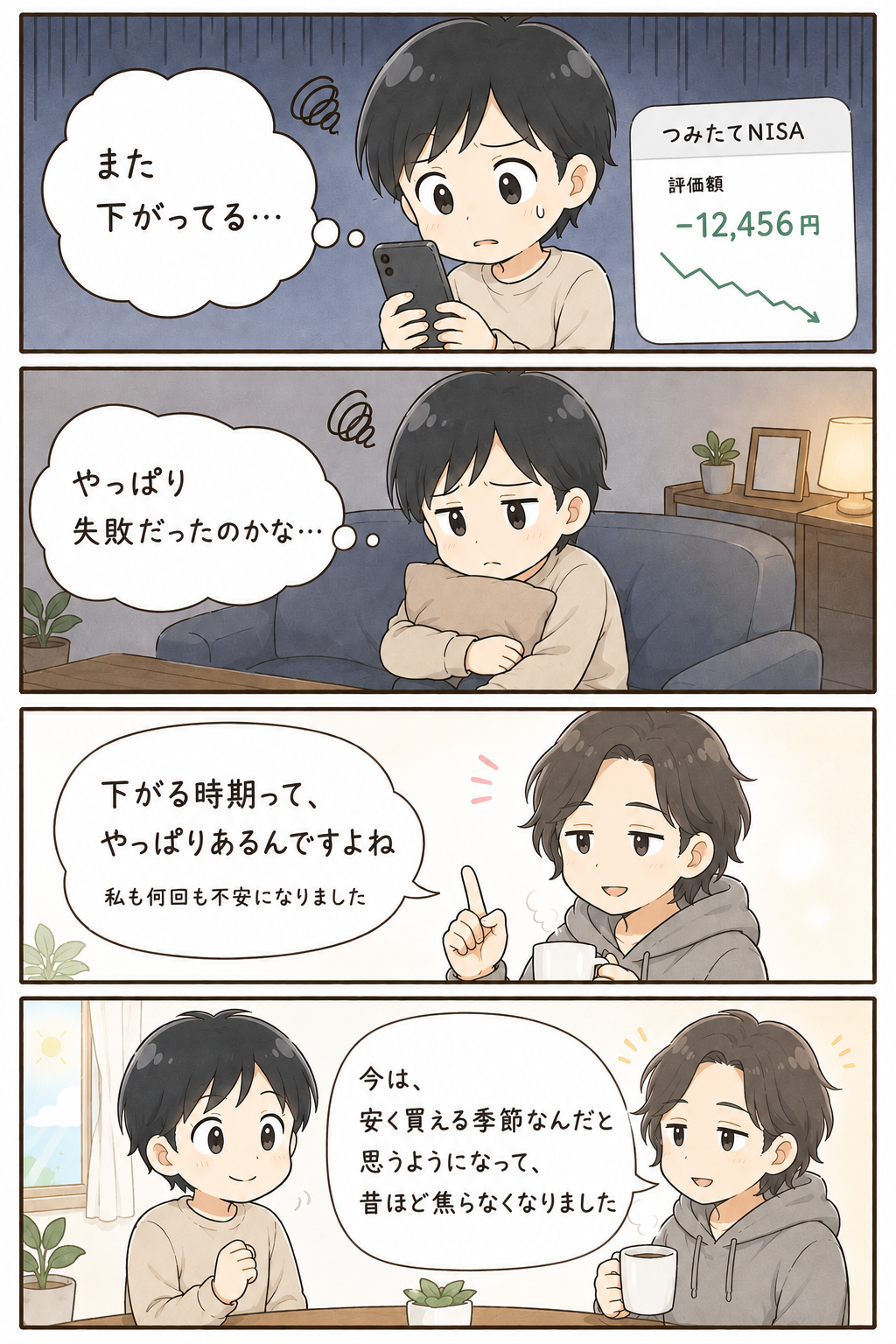 積立投資の下落と考え方の変化を描いた4コマ漫画