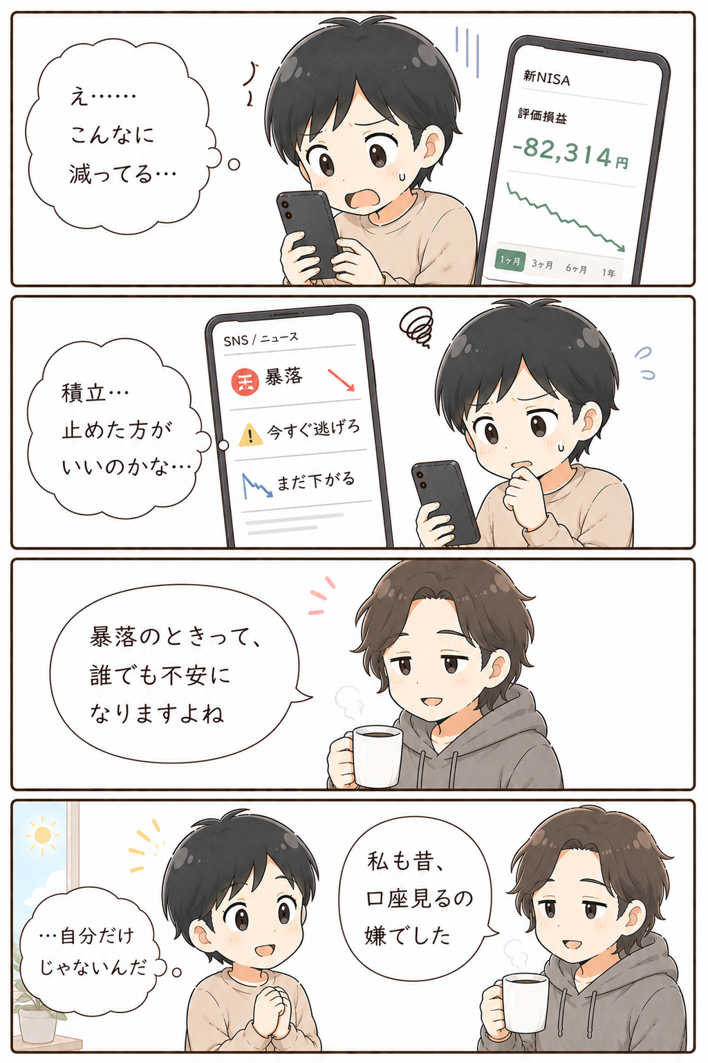 積立投資で暴落するとやめたくなる気持ちを描いた4コマ漫画