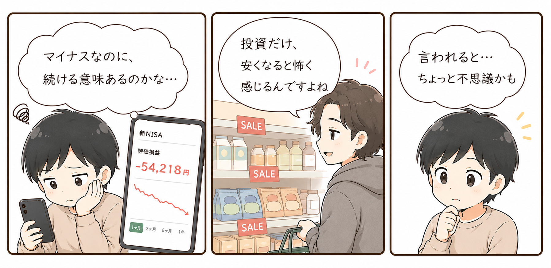 暴落時こそ積立投資の意味が出ることを描いたミニ漫画