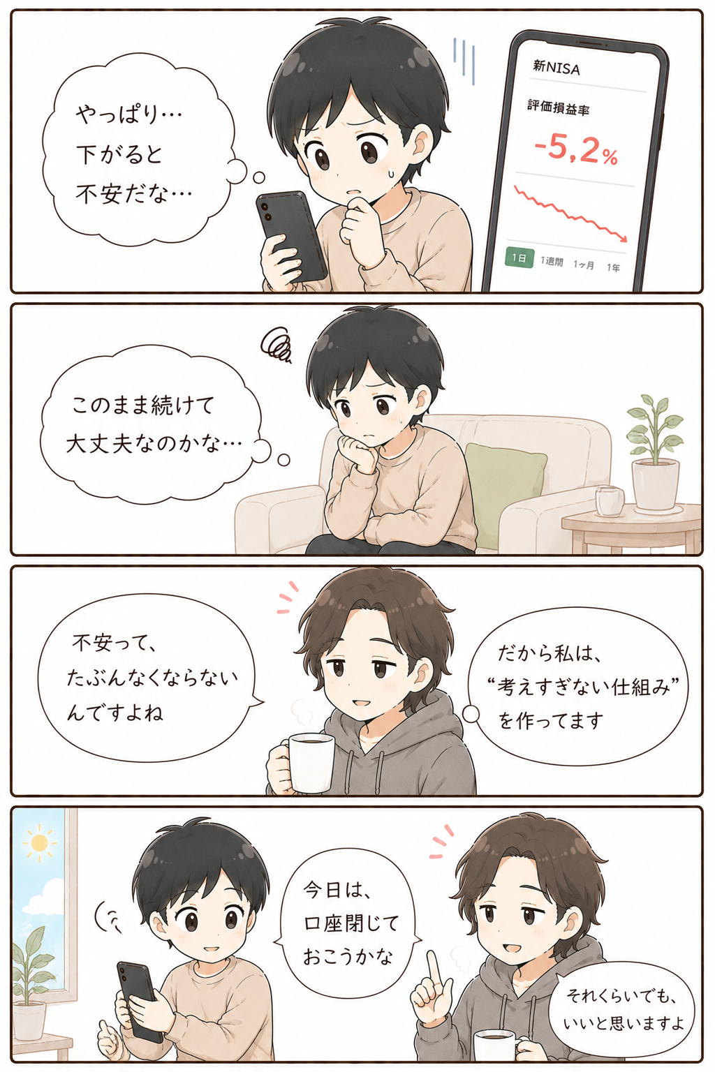 暴落時も積立投資を続ける考え方を描いた4コマ漫画