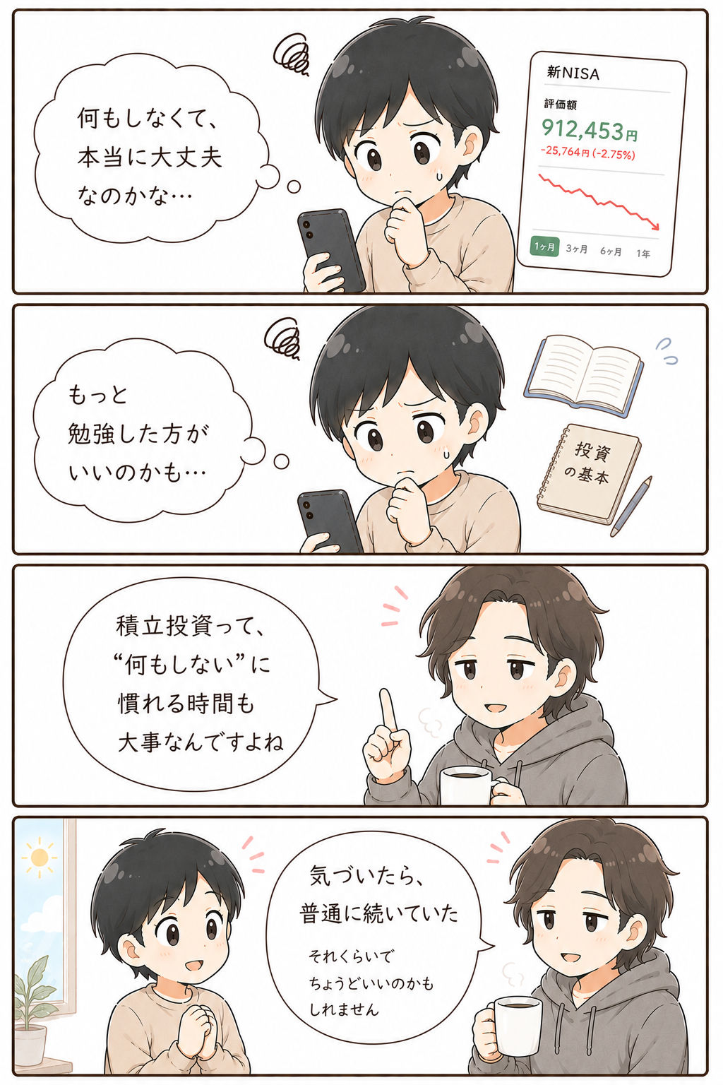 積立投資は何もしないことに慣れる時間も大切だと伝える4コマ漫画
