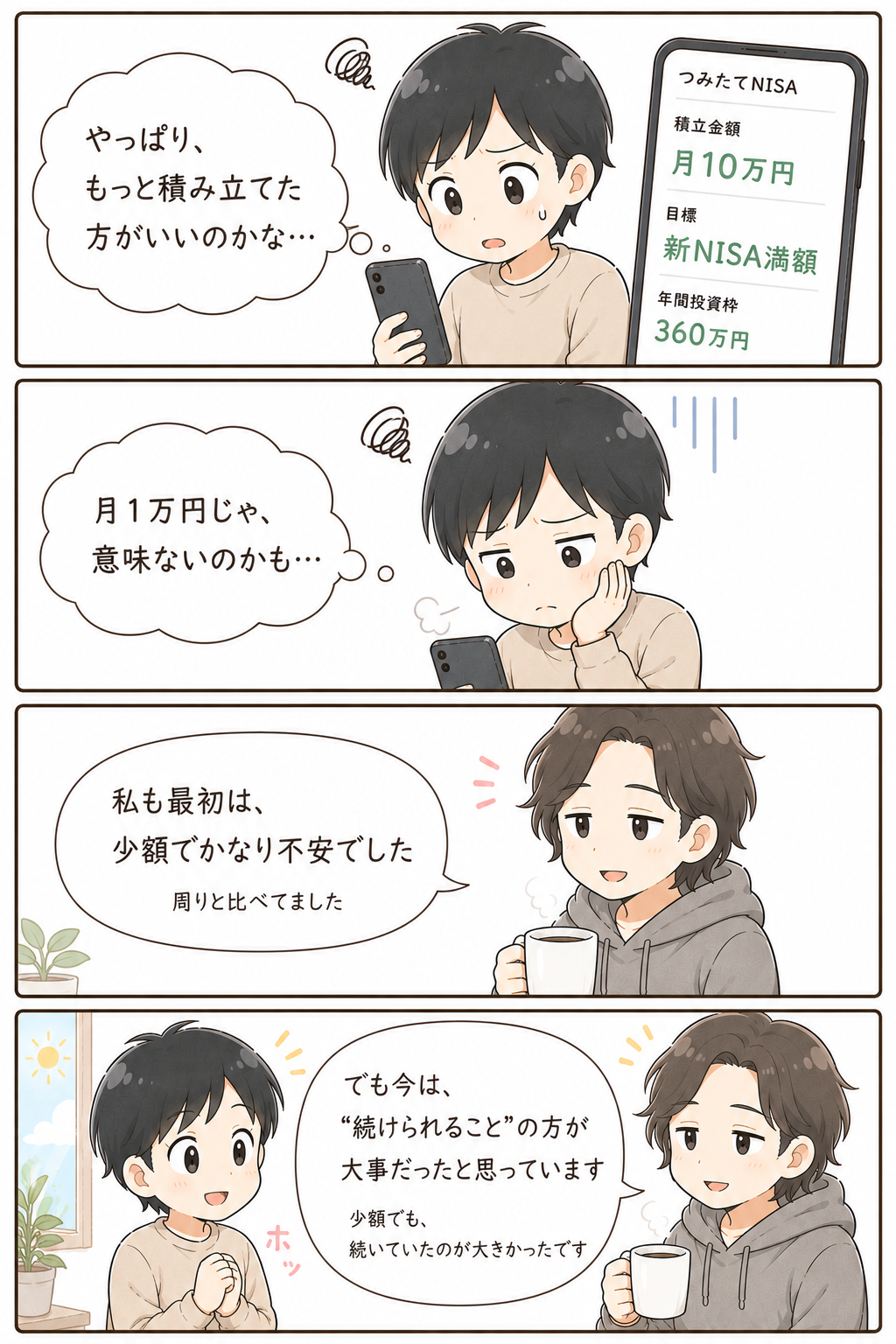 少額でも続けることの大切さを伝える4コマ漫画