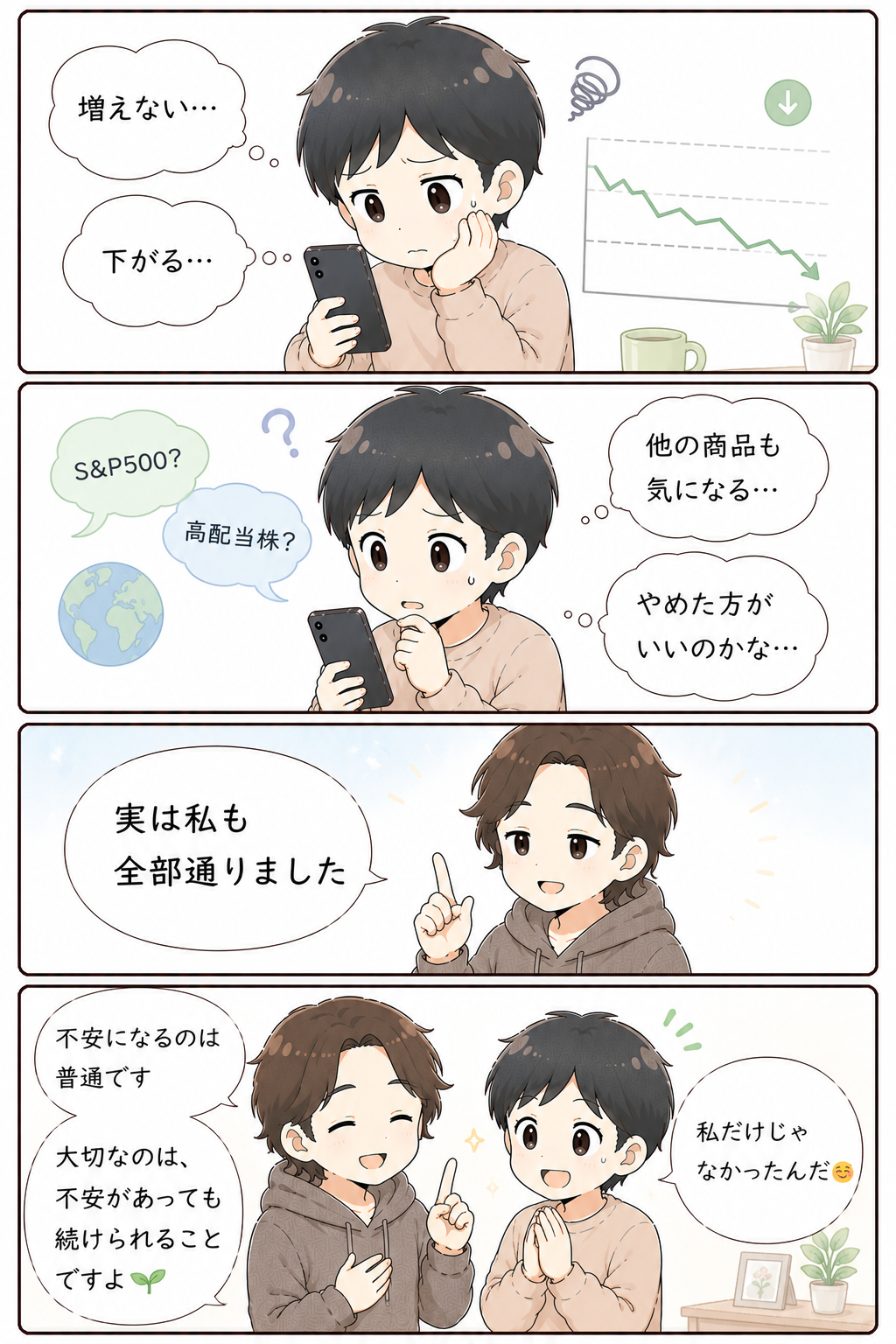 新NISA開始後の不安はみんな同じ道を通ると伝える4コマ漫画