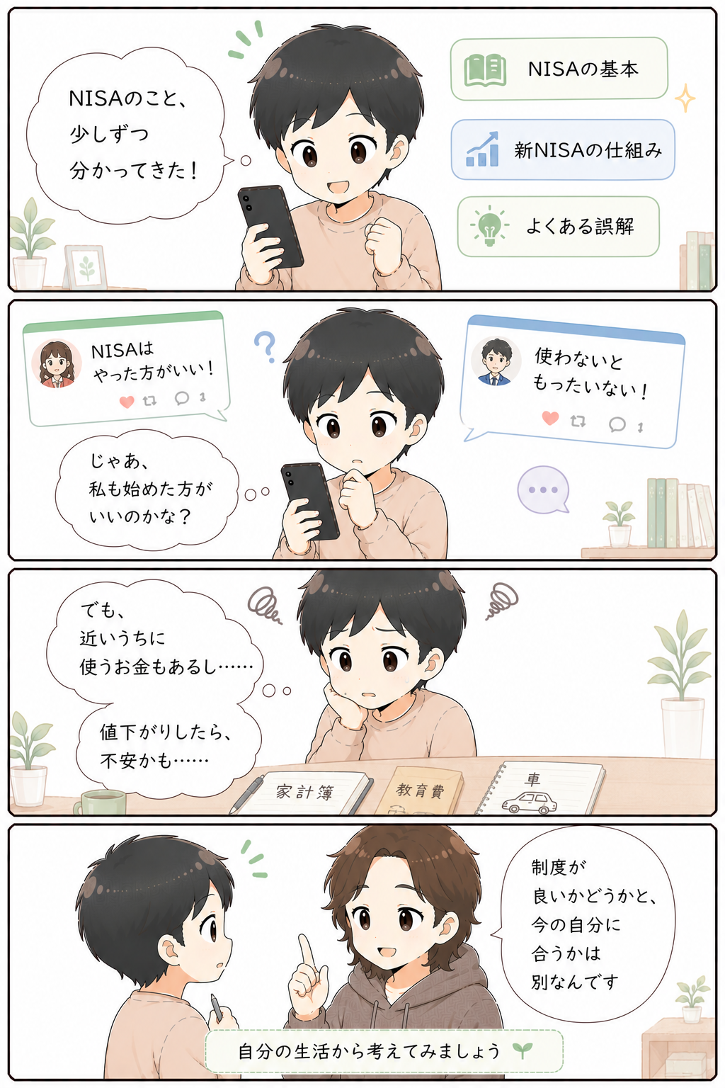 NISAについて理解してきた初心者が、自分にも必要なのか家計や近いうちに使うお金を見ながら考える4コマ漫画