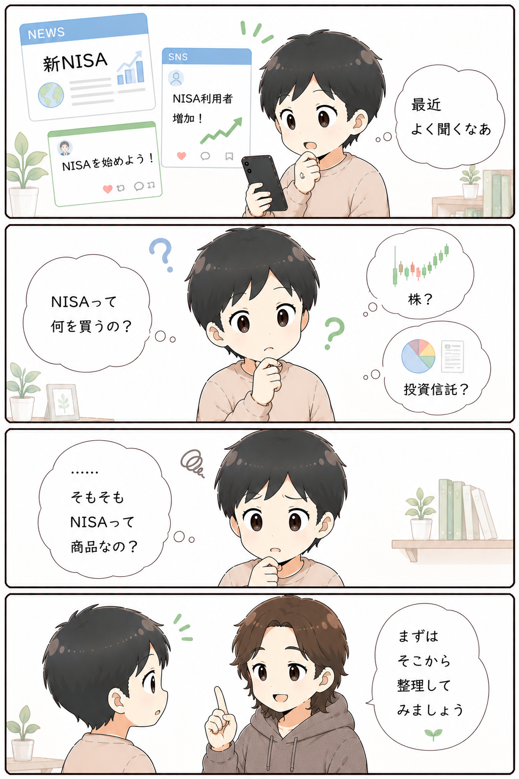 NISAは投資商品なのか迷う初心者と、基本から整理しようと声をかける案内役の4コマ漫画