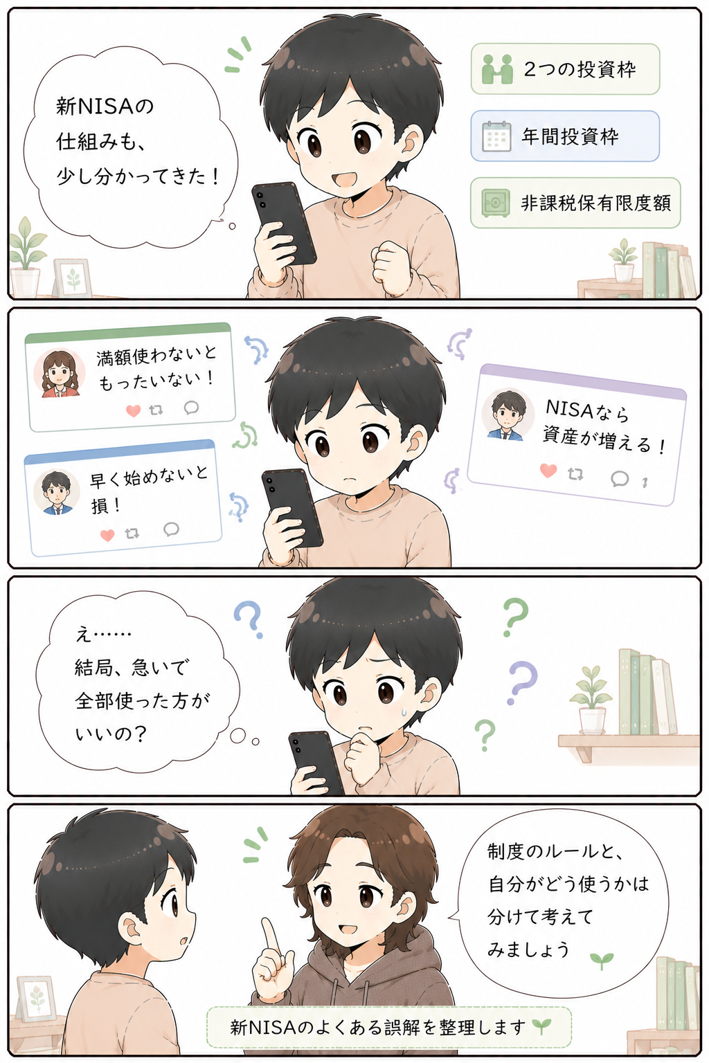 新NISAの仕組みを少し理解した初心者が、SNSの断定的な情報を見て再び迷う4コマ漫画