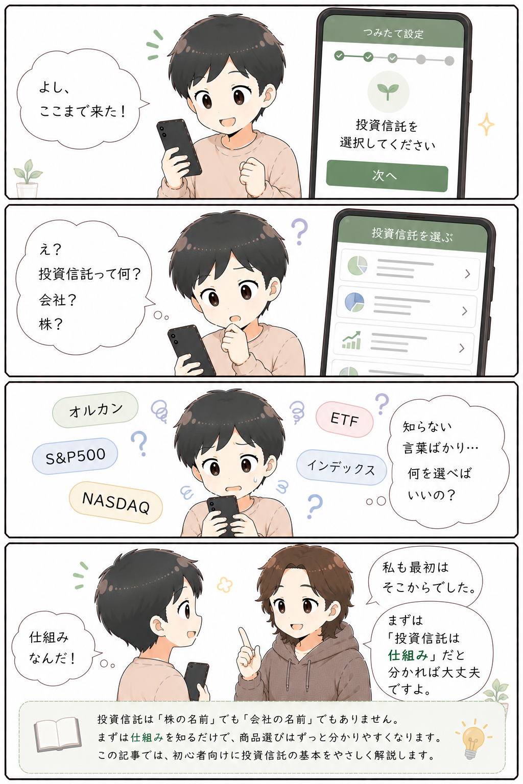 投資信託とは何か分からず戸惑う初心者の4コマ漫画