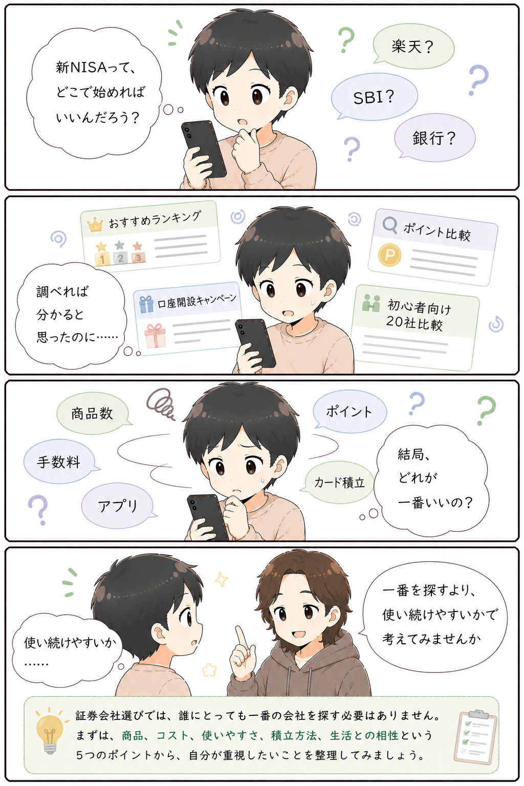 新NISAの証券会社を比較するほど決められなくなる初心者を描いた4コマ漫画