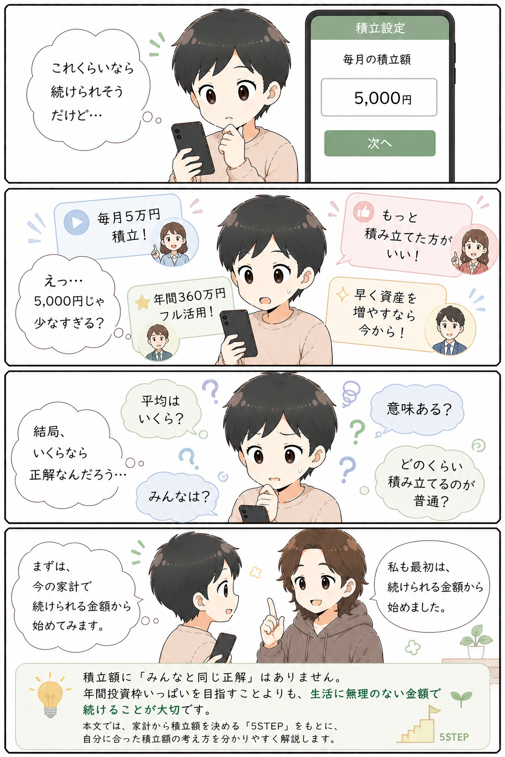 新NISAで毎月5,000円では少なすぎるのか不安になる初心者の4コマ漫画