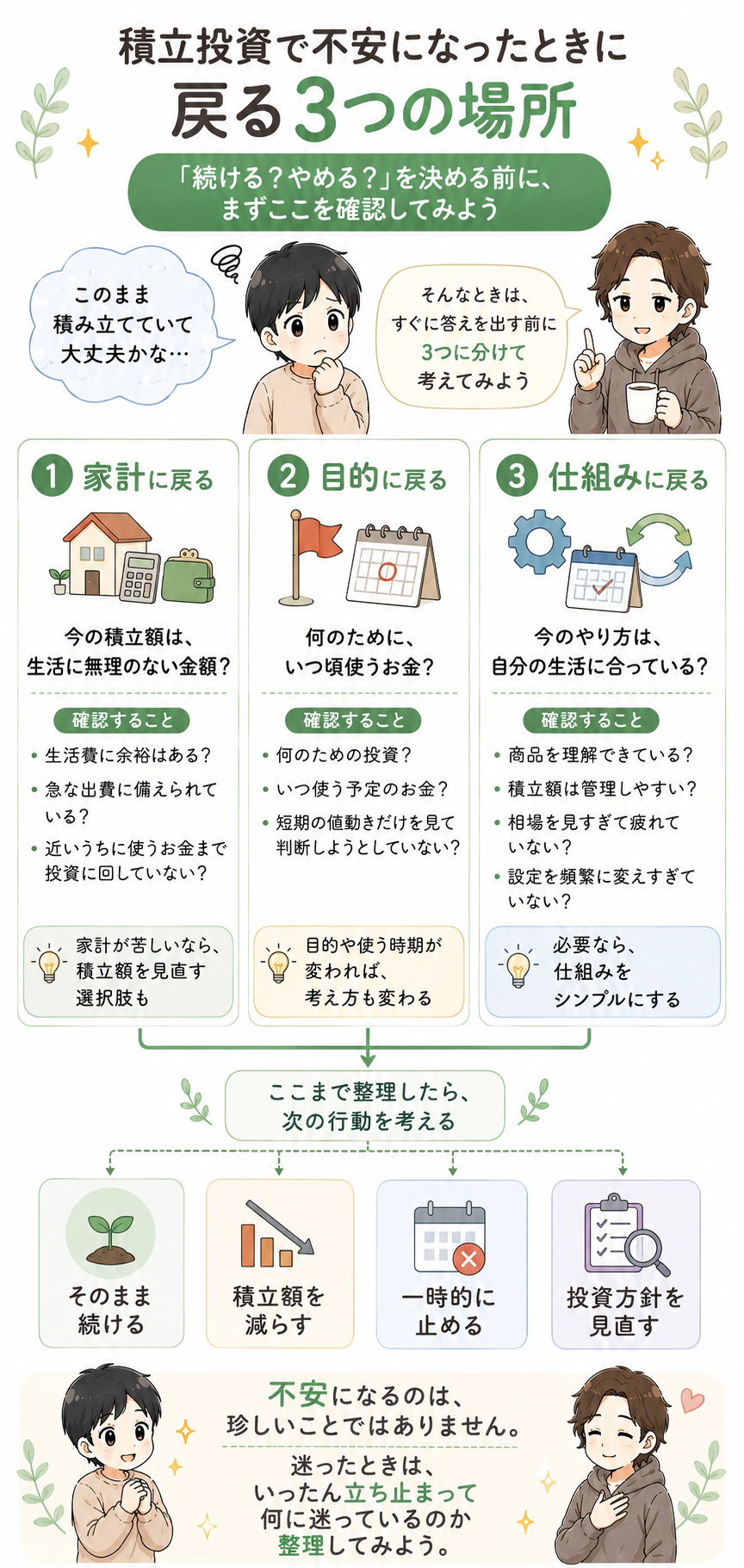 積立投資で不安になったときに戻る3つの場所。家計・投資の目的・積立の仕組みを確認する図解