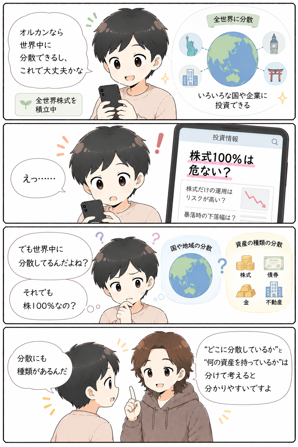 オルカン1本なら分散できているから大丈夫なのかを考える4コマ漫画