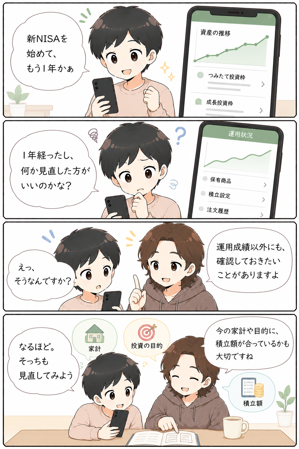 新NISAを始めて1年。運用成績だけでなく家計や投資の目的も見直すことを伝える4コマ漫画